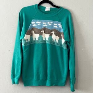 Vintage Hanes Llama Scenic Sweatshirt Large Teal 80s 90s Unisex Large